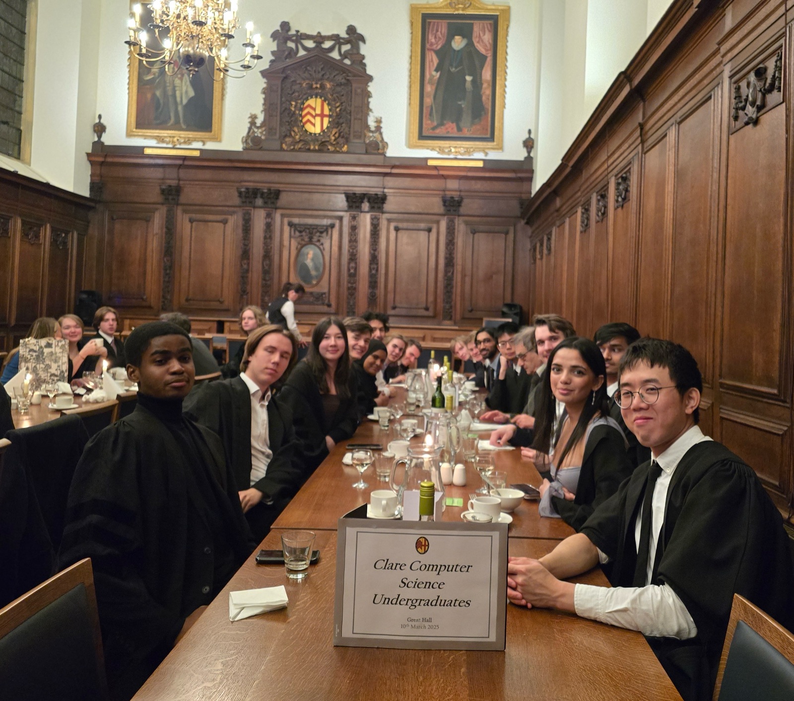 Clare Computer Science undergraduates at a formal dinner in the Great Hall